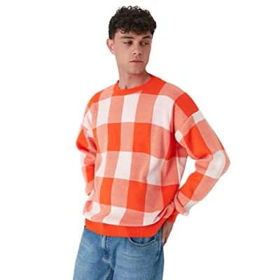 Abbildung von Trendyol Herren Pullover mit Rundhalsausschnitt, Kariert, Oversize Sweatshirt, Orange, M