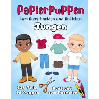Abbildung von Papierpuppen zum Ausschneiden und Anziehen Jungen 16 Puppen, 136 Teile Bunt Ausmalen: Anziehpuppen aus Papier Kleidung Malen Kreativbuch für Kinder ab 5 Jahren