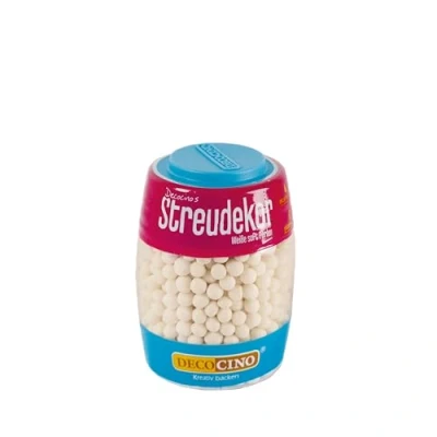 Abbildung von DECOCINO Essbare Perlen in Weiß (50g) Streu Dekor, Zucker Streusel matt glänzende Zuckerperlen perfekt zum Dekorieren von Torten, Kuchen und Cupcakes