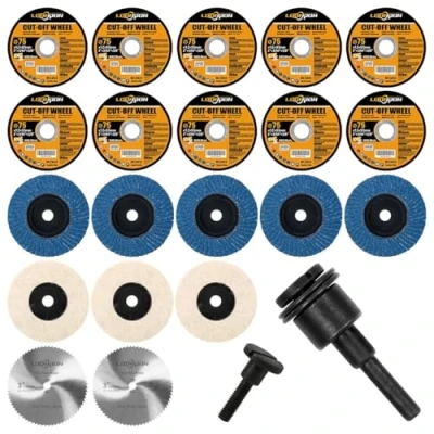 Abbildung von Trennscheiben, Fächerscheiben, Polierscheiben Set ∅ 75 x 9.5mm für Winkelschleifer Schneiden Polieren Schleifen Metall, Montagedorn Schneideisen (20 Stück+1 Dorn)