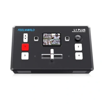Abbildung von FEELWORLD L1 Plus Mehrkamera Videomischer mit PTZ Controller Chroma Key 4 HDMI Eingänge USB3.0 Ausgabeformat 2 Zoll Touchscreen Echtzeitproduktion Live