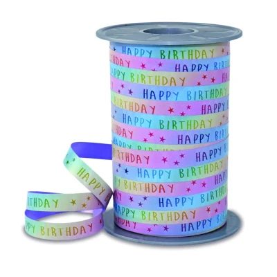 Abbildung von PRÄSENT RAINBOW Ringelband Birthday pastell, 200 m Geschenkband zum Verpacken und Dekorieren, 10 mm Breite, Dekoband in Regenbogenfarben, leicht kräuselbar