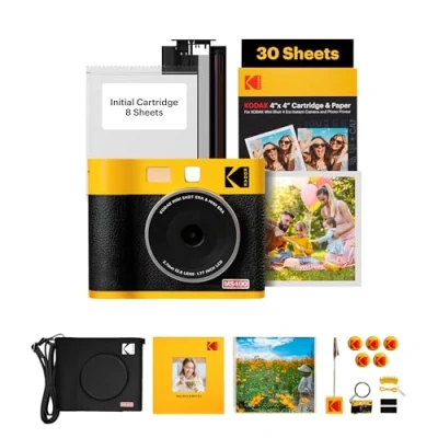 Abbildung von KODAK Mini Shot 4 ERA 4PASS 2 in 1 Sofortbildkamera und Fotodrucker (10x10cm) + Gift Paket 10 Blatt im Lieferumfang enthalten 60 Patrone, Gelb