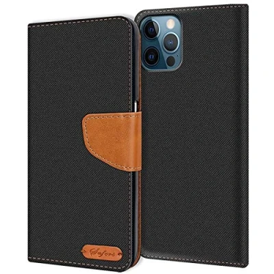 Abbildung von Verco kompatibel mit Apple iPhone 12 Pro Max Hülle, Schutzhülle für Tasche Denim Textil Book Case Flip (6,7 Zoll) Klapphülle, Schwarz