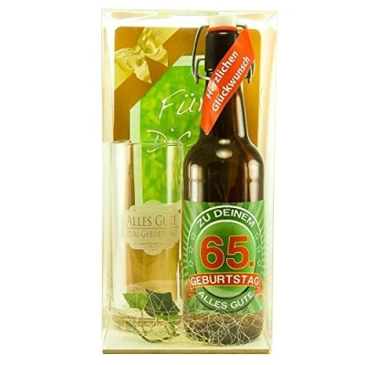 Abbildung von Bier Geschenk zum 65.Geburtstag Geburtstagsgeschenk fünfundsechszigster Geburtstag Geschenkset 65.