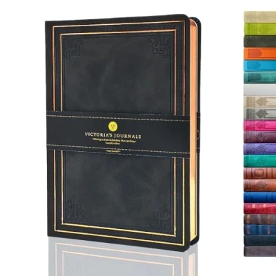 Abbildung von Victoria&#039;s Journals Tagebuch, Kunstleder, Vintage, Hardcover, liniertes Notizbuch, altmodisches Reisetagebuch, 14,5 x 20,5 cm, Schwarz