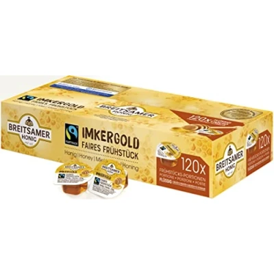 Abbildung von Breitsamer FairTrade Portionen flüssig 120x20g Aromatischer flüssiger Blütenhonig in praktischen Portionen, ideal für Großverbraucher, Hotels und Gastronomie (insg. 2,4kg)