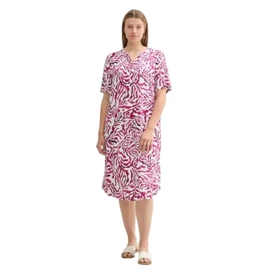 Abbildung von TOM TAILOR Damen Plussize Basic Kurzarm Kleid mit Allover Print, pink cut palmtree design, 48