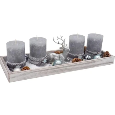 Abbildung von ZauberDeko Adventsgesteck Weihnachtsgesteck Tablett Hirsch Kerze Grau Stern Lichterkette Deko 40cm