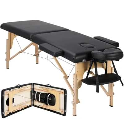 Abbildung von Yaheetech Massageliege Mobile Massagetisch mit Holzfüßen 2 Zonen Tragebares Massagebett inkl. Kopfstütze &amp; Armlehnen Höhenverstellbar 60cm Breit bis 250 kg Belastbar, Schwarz