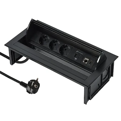 Abbildung von Electraline 62577 Mehrfachsteckdose Pop up für Schreibtisch/Tisch Unterputzdose 3 Schuko Steckdosen + 2 USB 3.1 A (1 Typ 1 C) 15,5 W HDMI Steckdose RJ45 Stecker Kabel 2M