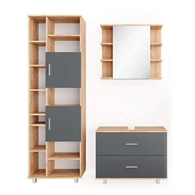 Abbildung von Vicco Badmöbel Set Ilias, Goldkraft Eiche/Anthrazit, 3 Teile, mit Hochschrank