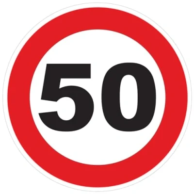 Abbildung von Aufkleber Geschwindigkeitsbegrenzung für Busse, Kreis, Rot Traktor, Schwergewicht, Geschwindigkeitsbegrenzung, LKW, 50 km/h, selbstklebend 10 cm Durchmesser