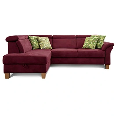 Abbildung von Cavadore Schlafsofa Ammerland mit Ottomane links / Federkern Sofa im Landhausstil verstellbaren Kopfstützen, Bett und Bettkasten 245 x 84 194 Lederoptik rot
