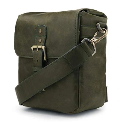 Abbildung von MegaGear MG1701 Torres Mini Kameratasche Kuriertasche aus echtem Leder für Spiegellose, Sofortbild und DSLR Kameras Olive
