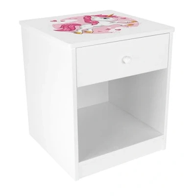 Abbildung von Leomark weißer Kinder Nachttisch mit Schublade und UV Druck rosa Einhorn, kompakter für Kinderzimmer/Mädchenzimmer, 33,5 x 40 34 cm ideal zur Aufbewahrung wichtiger Utensilien