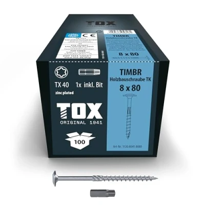 Abbildung von TOX Holzbauschrauben TIMBR TK 8,0 x 80 mm, blau verzinkt mit Tellerkopf, TX40, Schrauben für leichtes Eindrehen und hohe Tragfähigkeit im Holzbau, 50 Stück Karton, inkl. 1x Bit, 112080418080