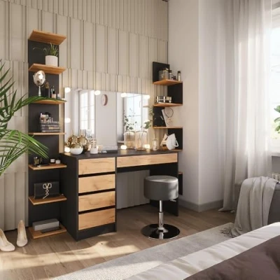 Abbildung von Vicco Schminktisch Sherry, Anthrazit/Goldkraft Eiche, 120 x 75 cm mit LED Beleuchtung und Hocker