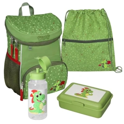 Abbildung von Scooli Kinderrucksack Mini Me Diego Dragon (Set, inkl. Turnbeutel, Brotdose und Trinkflasche), Rucksack Set in Grün mit Drache für Jungen Mädchen