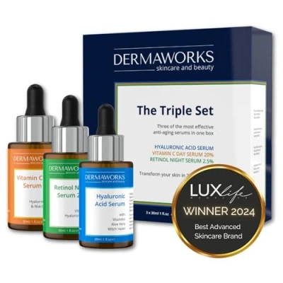 Abbildung von DERMAWORKS Serum Set Vitamin C 20%, Retinol 2.5% und Hyaluronic Acid Skincare Anti Falten, Aging Gesichtspflege Gesicht für Straffe Strahlende Haut