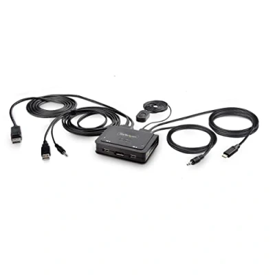 Abbildung von StarTech.com 2 Port Hybrid USB C DisplayPort Kabel KVM Switch, 4K 60Hz, Mini Switche mit 1,8m A/DP/Audio &amp; 1,2m int.Kabeln, Bus Powered, Hotkey Umschalter (C2 D46 UAC CBL KVM)