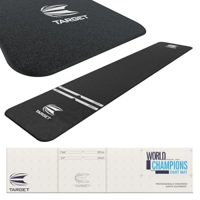 Abbildung von Target Darts World Champion Dart Matte Schwarz und Weiß Oche mit Softdart Steeldart Wurfabständen rutschfeste Teppichmatte für Boden Dartspitzen Schutz Zubehör