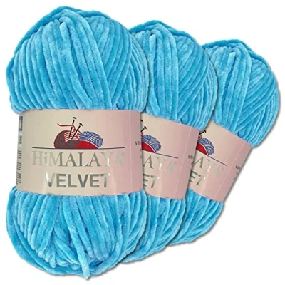 Abbildung von Wohnkult Himalaya 3 x 100 g Velvet Dolphin Wolle 40 Farben zur Auswahl Chenille Strickgarn Flauschwolle Glanz Accessoire Kleidung Decken (90027 Hellblau)