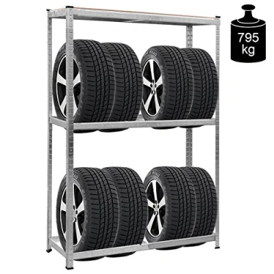 Abbildung von COSTWAY Reifenregal Reifenständer Werkstattregal Schwerlastregal Aufbewahrung Metall, Lagerregal 3 Ebenen belastbar bis 795 kg, Steckregal höhenverstellbar, Felgenregal verzinkt, 180x120x40cm