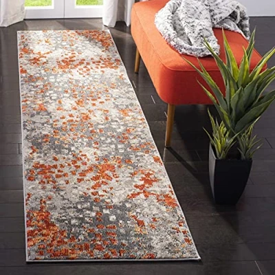 Abbildung von SAFAVIEH Boho Teppich für Wohnzimmer, Esszimmer, Schlafzimmer Monaco Collection, Kurzer Flor, Grau und Orange, 80 x 180 cm