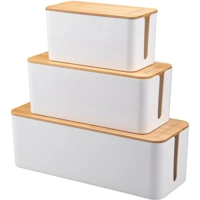 Abbildung von BUDDLEY Kabelbox Bambus (SET), Kabelbox, Kabelaufbewahrungsbox Steckerleiste, Kabelmanagement, Kabelorganisation Schreibtisch, Kabelorganisation, CableBox (Weiss)