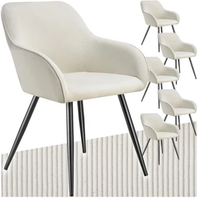 Abbildung von tectake® 6X Esszimmerstuhl, Sessel bequem mit Armlehne, Polsterstuhl, Cord Cocktailsessel, Loungesessel für Wohnzimmer, Esszimmer, Moderne Küchenstühle, Bürostuhl Creme/schwarz