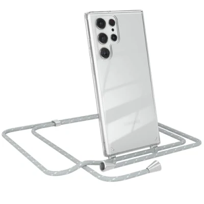 Abbildung von EAZY CASE Handy Chain kompatibel mit Samsung Galaxy S22 Ultra 5G, Handykette Tasche transparent, TPU, Stylische Kette Hülle für Smartphone, Grau/Weiß Verschlüssen in Silber