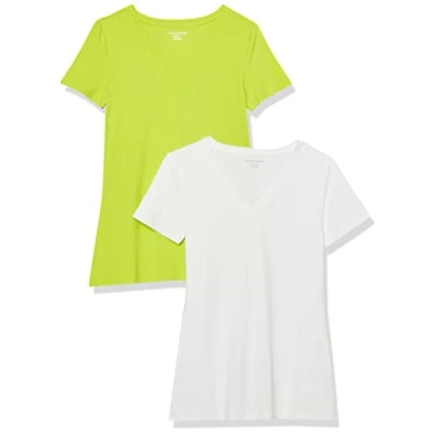 Abbildung von Amazon Essentials Damen Kurzärmeliges T Shirt mit V Ausschnitt, Klassischer Schnitt, 2er Pack, Lindgrün/Weiß, XL