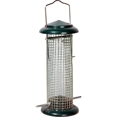 Abbildung von dobar® 11513 Kompakte Vogelfuttersäule mit Anflugstangen Wildvogelfutterspender für Nüsse Vogelfutterstation Metall Futterspender Vögel in Garten/Terrasse/Balkon Ø 9,5 x 23 cm Grün