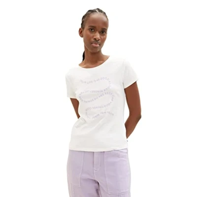 Abbildung von TOM TAILOR Denim Damen 1035383 Basic T Shirt mit Print, 10348 Gardenia White, S
