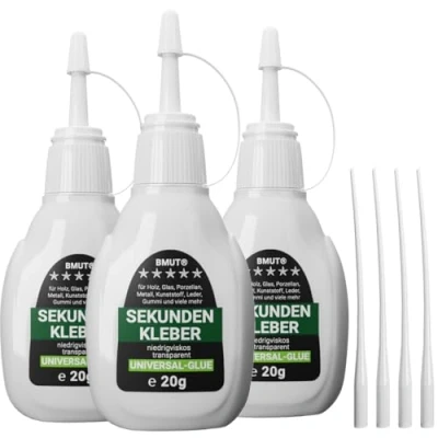 Abbildung von 3x 20g Sekundenkleber universell, flüssig, extra stark &amp; schnell, wasserfest, hitzebeständig, mit Dosierspitzen Kappe gegen Austrocknung