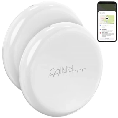 Abbildung von Callstel Schlüssel Ortungsgerät: 2er Set &amp; Gegenstandsfinder, Apple AirTag komp., MFi, weiß (Keyfinder App, Standort Marker, Sclüsselanhänger)