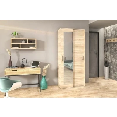 Abbildung von BEAUTY SOFA Schrank Spiegelschrank Kleiderschrank mit Schiebetüren und Spiegel Garderobenschrank, Mehrzweckschrank, Flurschrank, Einlegeböden, Kleiderstange Eiche Sonoma Breite 90cm