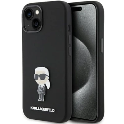 Abbildung von Karl Lagerfeld KLHCP15SSMHKNPK Hülle für iPhone 15 6.1&quot; Schwarz Silicone Ikonik Metal Pin
