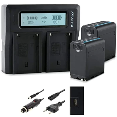 Abbildung von 2xBlumax Akku ersetzt Sony NP F980 / F970 F750 F550 F960 LG Zellen 7850mAh mit 5V USB Ausgang (Powerbankfunktion) und DC Strom Eingang + Doppel Ladegerät Dual Charger