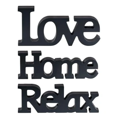 Abbildung von Levandeo® Deko Schriftzug, Love Home Relax Schriftzug Schwarz MDF Holz Aufsteller Tischdeko