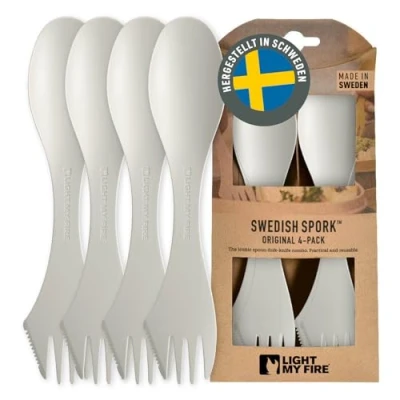 Abbildung von Light My Fire Spork Original Göffel 4 Pack 3 in 1 Campingbesteck Löffel, Gabel, Messer Reisebesteck BPA Frei &amp; Bio Basierter Kunststoff (4pack Cream)