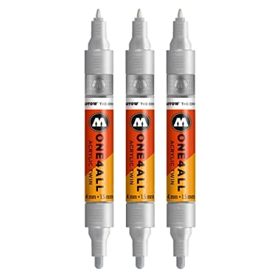 Abbildung von Molotow One4All Acrylic Twin Marker (Strichstärke 1,5 mm und 4 mm, hochdeckend permanent) 3 Stück Farbe 227 metallic silber