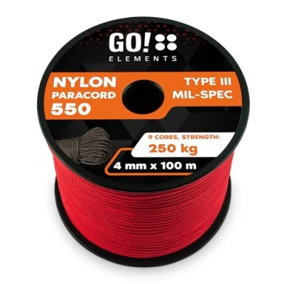 Abbildung von GO!elements 100m Paracord Seil aus reißfester Nylonschnur 4mm 550 Typ III Schnur geeignet als Allzweckseil &amp; Reepschnur Max. 250kg, Farbe: Rot