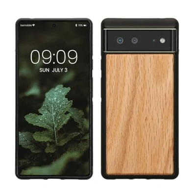 Abbildung von kwmobile Hülle kompatibel mit Google Pixel 6 Holz Case stoßfestes Handy Cover TPU Handyhülle in Hellbraun Braun