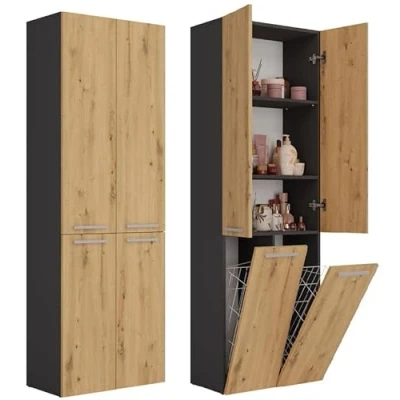 Abbildung von BDW Badezimmerschrank, 2 Wäschekorb, Türen 174 x 60 30cm Unterschrank, Waschbeckenunterschrank, Hochschrank, Badmöbel, Bad Badregal, NEL 2K/DD (Anthrazit/Artisan Eiche)