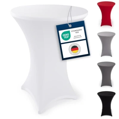 Abbildung von Blumtal Stretch Stehtisch Hussen Bügelfrei Oeko TEX zertifizierte Tischhussen für Stehtische Ø 80 85 cm Verstärkung im Fußbereich waschmaschinengeeignet Weiß