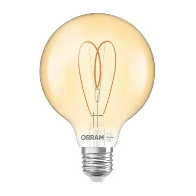 Abbildung von OSRAM Vintage 1906 Globe ist eine warmweiße, dimmbare LED Lampe in klassischer Ballform mit Filament. Sie bietet 4.9 W für 470 lm, E27 Fassung, goldfarbenes Glas, 95 mm Durchmesser, 2200 K, EEK F.