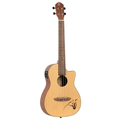 Abbildung von Ortega Guitars Bariton Ukulele elektro akustisch Bonfire Series Fichtendecke mit lasergaviertem Motiv (RU5CE BA)