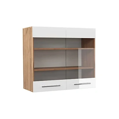 Abbildung von Vicco Küchenschrank Glas Fame Line, Weiß Hochglanz/Goldkraft Eiche, 80 cm